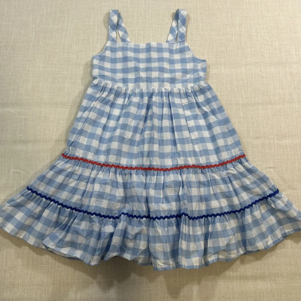 Tahari Sundress Girls 8 Gingham Blue White Tiered Bow Back Cottagecore‎